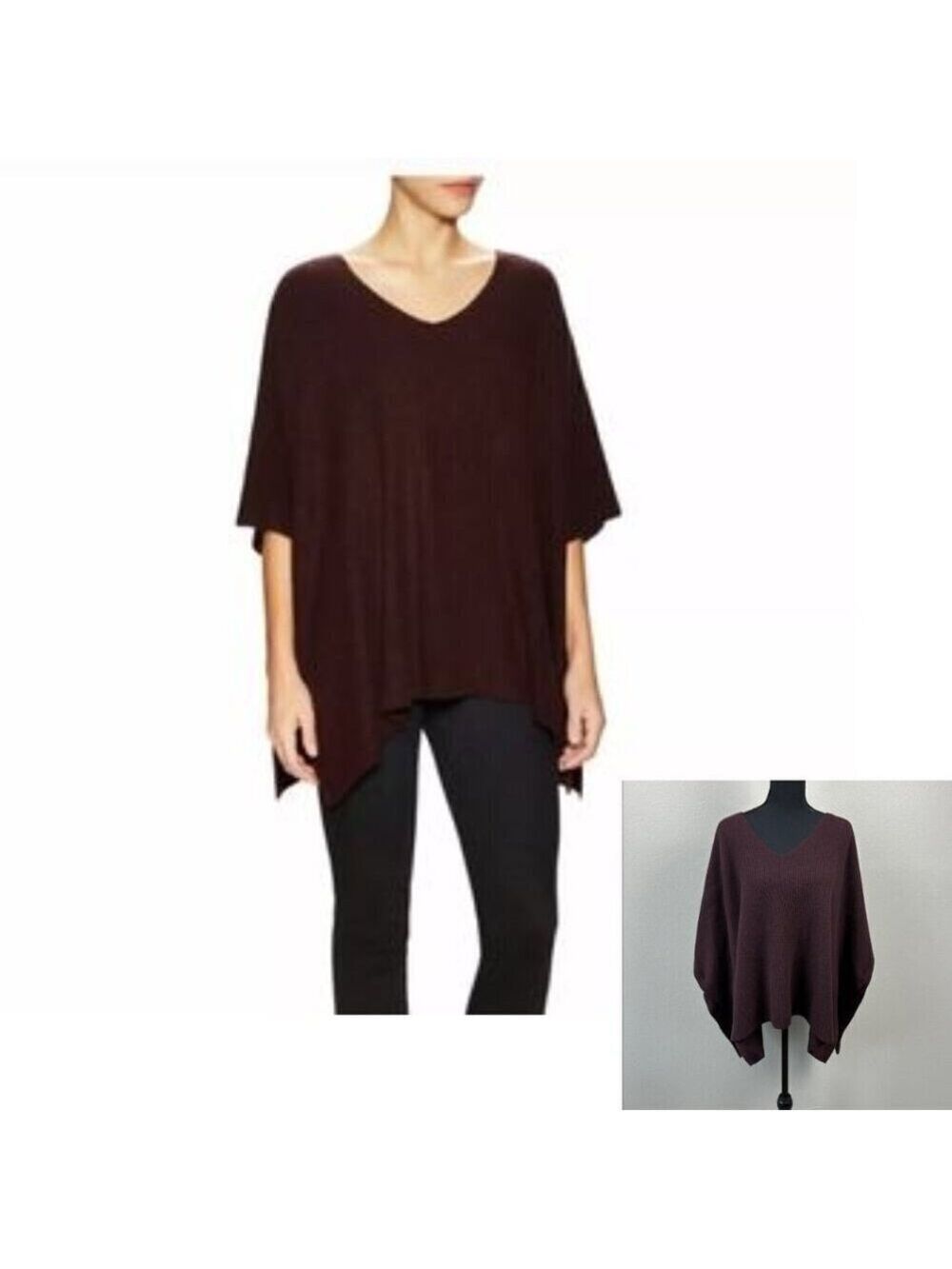 Vince Cashmere Ribbed Poncho M/L Maroon V-Neck Oversized Cape Sweater